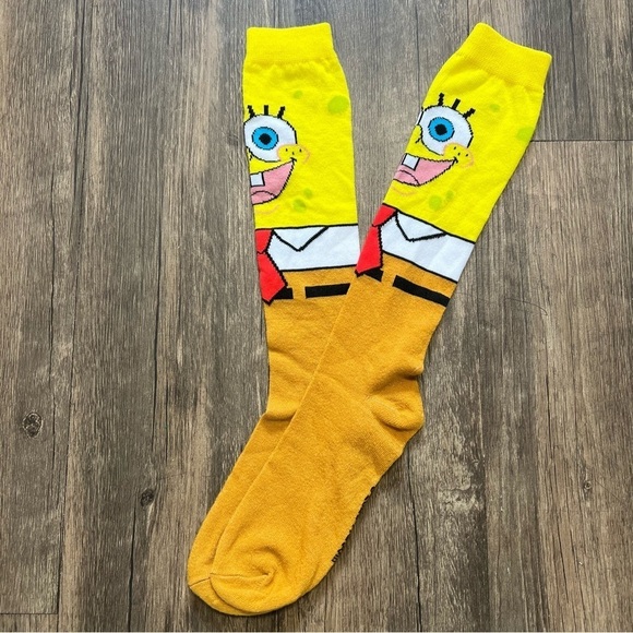Sponge Bob Print Yellow Brown Long Socks Unisex One Size - Picture 7 of 9